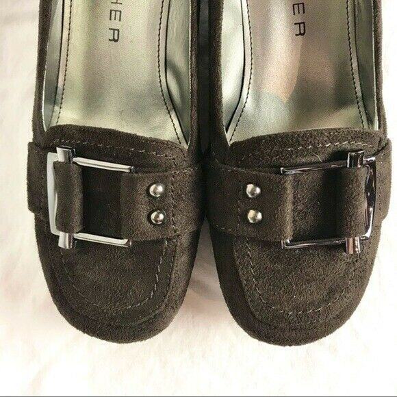 Marc Fisher Women's 7M Brown Faux Suede Leather Low Wedge Heel Shoes With Buckle - Picture 6 of 11